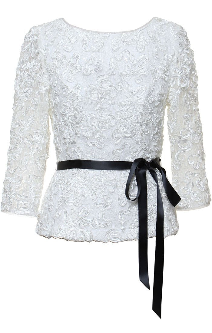 3/4 Sleeve Soutache Blouse with Puff Shoulder Sleeve Detail, Illusion Neckline & Tie Belt - alexevenings.com