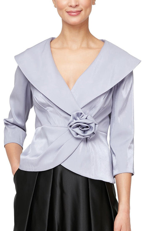3/4 Sleeve Stretch Shimmer Blouse with Flower Detail Side Closure & Portrait Collar - alexevenings.com