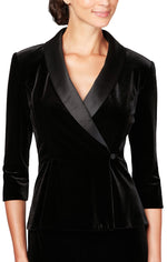 3/4 Sleeve Side Closure Velvet Blouse with Peplum Waist and Satin Collar