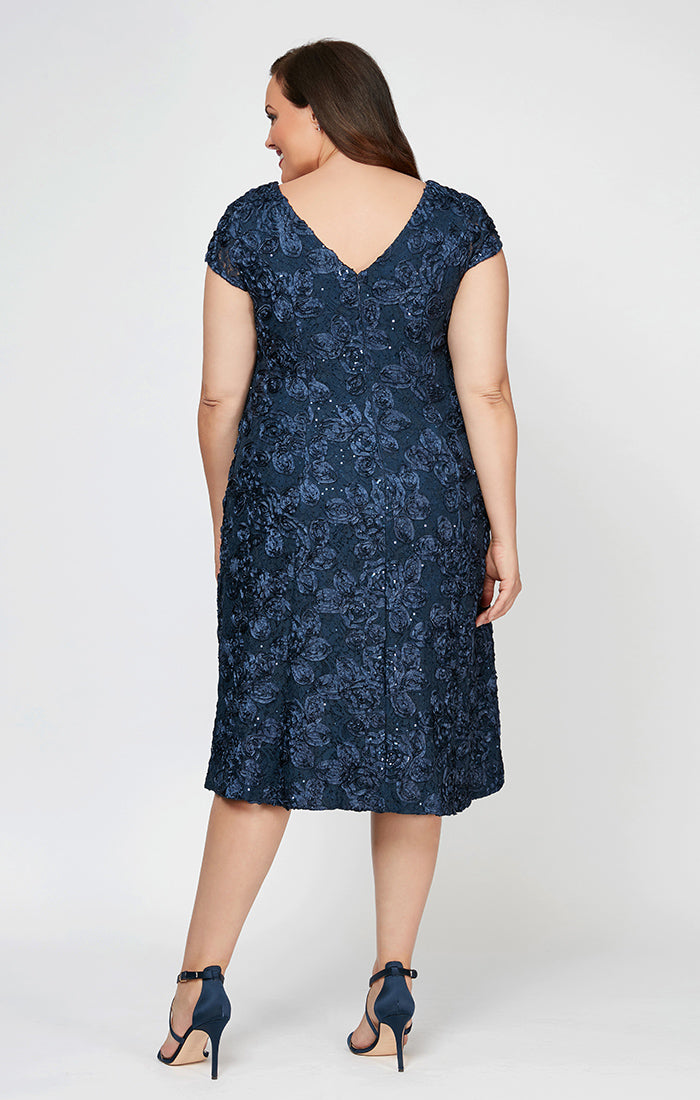 Plus Cocktail Dress in Rosette Lace with Cap Sleeves