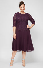 Plus Tea-Length Dress with Sequin Lace Bodice & Chiffon Skirt