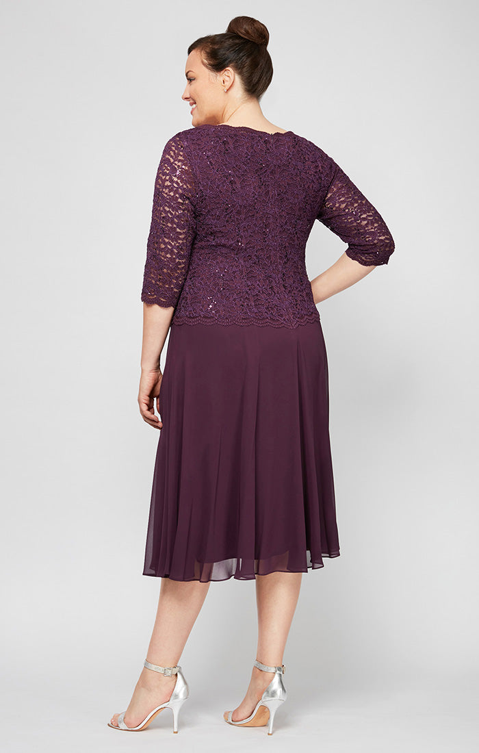 Plus Tea-Length Dress with Sequin Lace Bodice & Chiffon Skirt