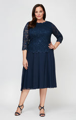 Plus Tea-Length Dress with Sequin Lace Bodice & Chiffon Skirt