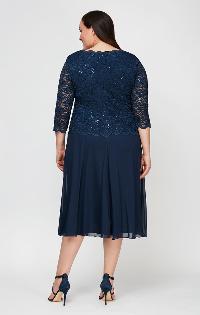 Plus Tea-Length Dress with Sequin Lace Bodice & Chiffon Skirt