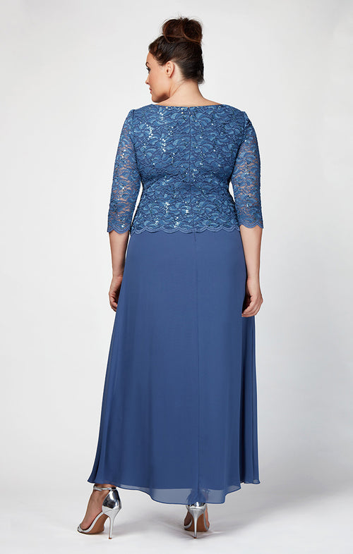 Plus Lace & Chiffon Gown with Scallop Edge Detail