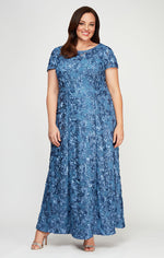 Plus Rosette A-Line Gown with Sequin Detail & Short Illusion Sleeves