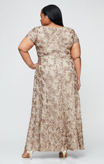 Plus Rosette A-Line Gown with Sequin Detail & Short Illusion Sleeves