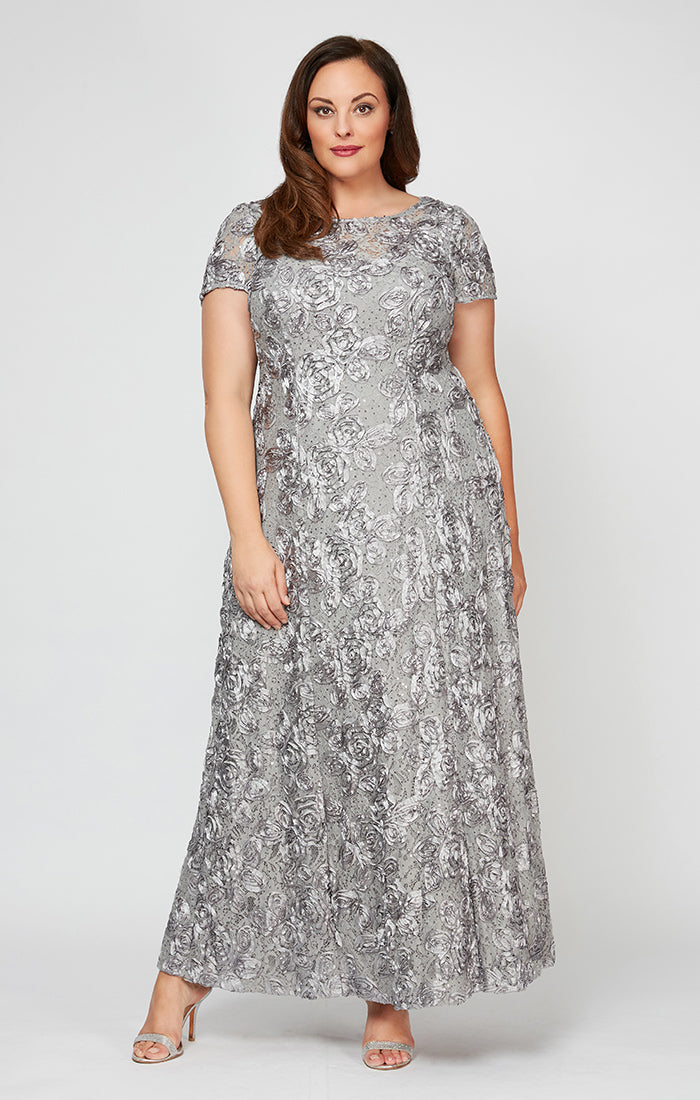 Plus Rosette A-Line Gown with Sequin Detail & Short Illusion Sleeves