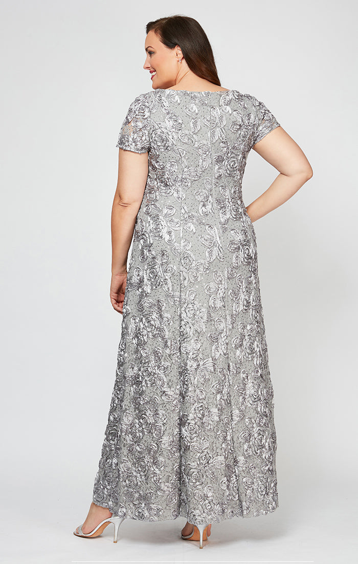 Plus Rosette A-Line Gown with Sequin Detail & Short Illusion Sleeves