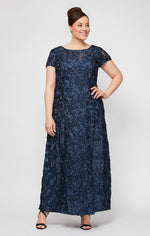 Plus Rosette A-Line Gown with Sequin Detail & Short Illusion Sleeves