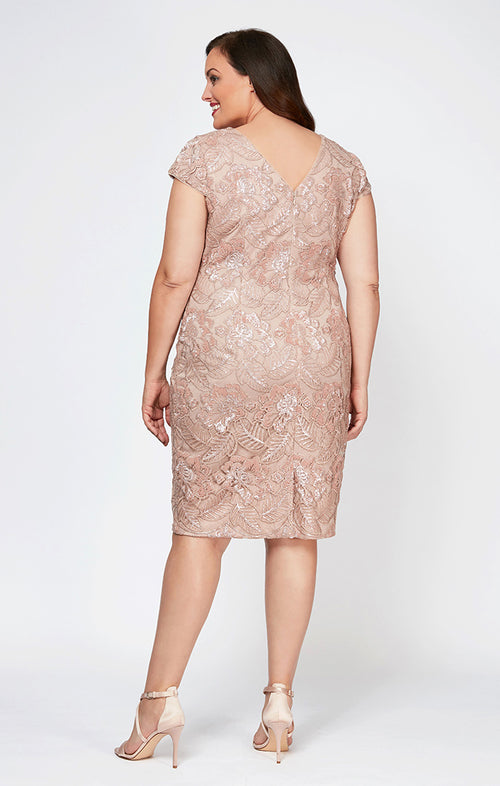 Plus Cap Sleeve Embroidered Sequin Lace Dress