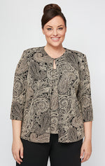 Plus Printed 3/4 Sleeve Slinky Twinset with Glitter Detail and Hook and Eye Closure at Neck