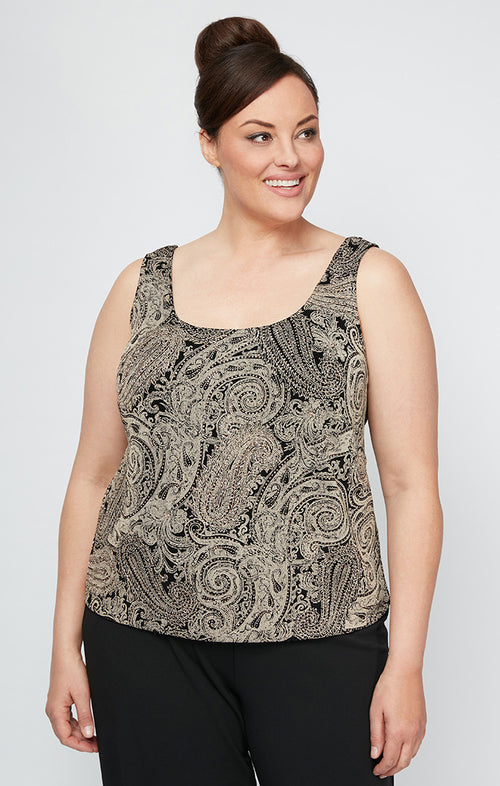 Plus Printed 3/4 Sleeve Slinky Twinset with Glitter Detail and Hook and Eye Closure at Neck