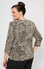 Plus Printed 3/4 Sleeve Slinky Twinset with Glitter Detail and Hook and Eye Closure at Neck