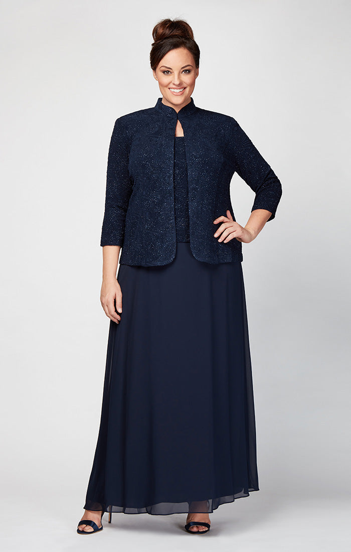 plus size formal dresses with jacket Alex Evenings Glitter Jacquard Knit Dress Mandarin Neckline Navy / 24W collection:easybreezy Tulip Dress in Black sheer chiffon jacket in Material:Stretchy