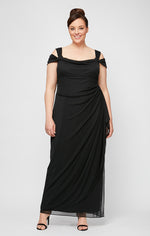 Plus Cold Shoulder Mesh Gown with Cowl Neckline & Overlay Skirt