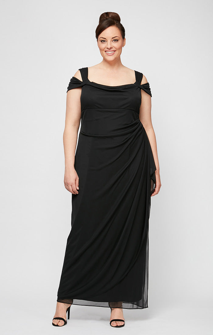 Plus Cold Shoulder Mesh Gown with Cowl Neckline & Overlay Skirt