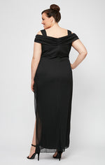 Plus Cold Shoulder Mesh Gown with Cowl Neckline & Overlay Skirt