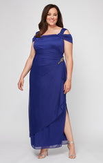 Plus Cold Shoulder Glitter Mesh Dress with Draped Skirt & Cowl Neckline