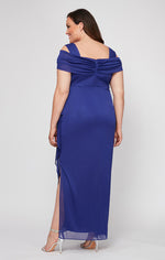 Plus Cold Shoulder Glitter Mesh Dress with Draped Skirt & Cowl Neckline