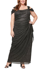 Plus Cold Shoulder Glitter Mesh Dress with Draped Skirt & Cowl Neckline