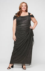 Plus - Cold Shoulder Glitter Mesh Dress with Draped Skirt & Cowl Neckline