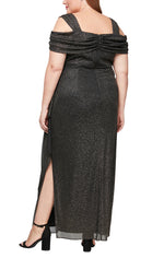 Plus Cold Shoulder Glitter Mesh Dress with Draped Skirt & Cowl Neckline