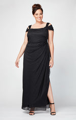 Plus Cold Shoulder Glitter Mesh Dress with Draped Skirt & Cowl Neckline