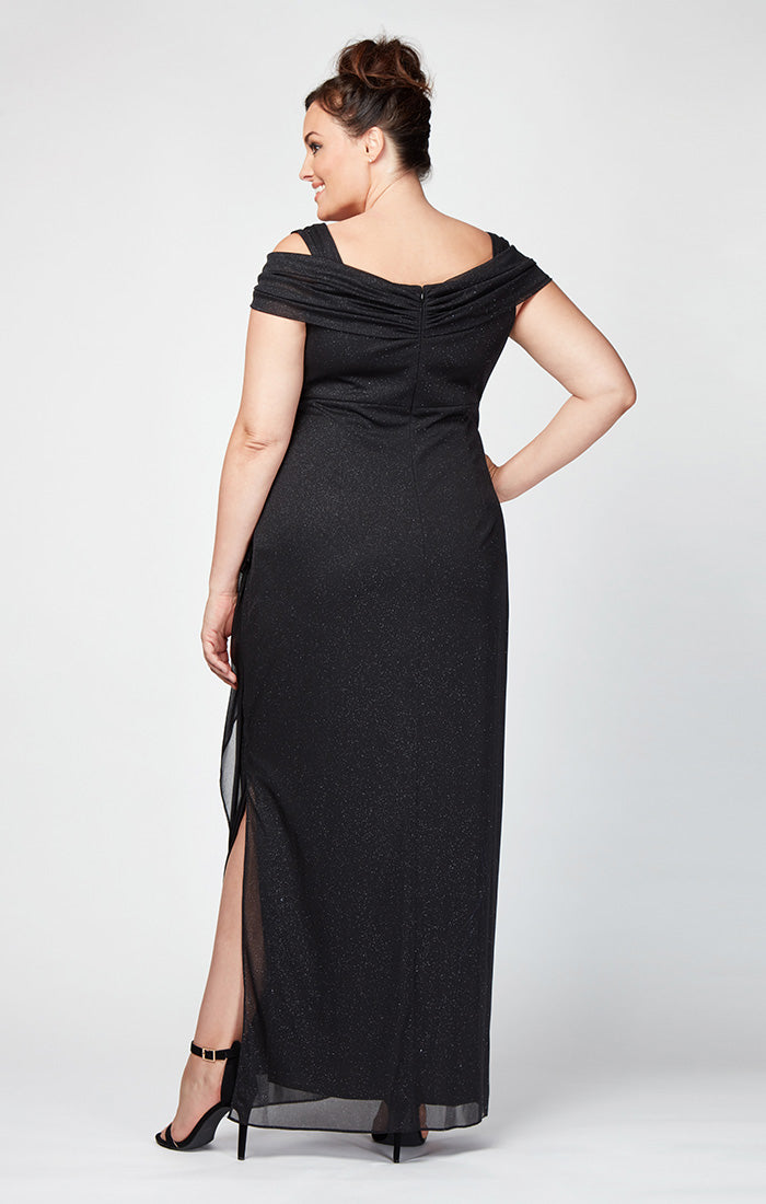 Plus Cold Shoulder Glitter Mesh Dress with Draped Skirt & Cowl Neckline