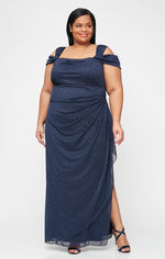 Plus Cold Shoulder Glitter Mesh Dress with Draped Skirt & Cowl Neckline