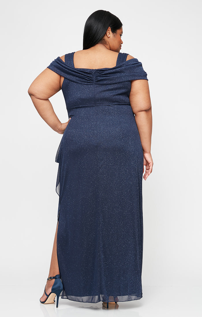 Plus Cold Shoulder Glitter Mesh Dress with Draped Skirt & Cowl Neckline