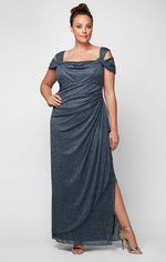 Plus Cold Shoulder Glitter Mesh Dress with Draped Skirt & Cowl Neckline