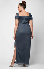 Plus Cold Shoulder Glitter Mesh Dress with Draped Skirt & Cowl Neckline