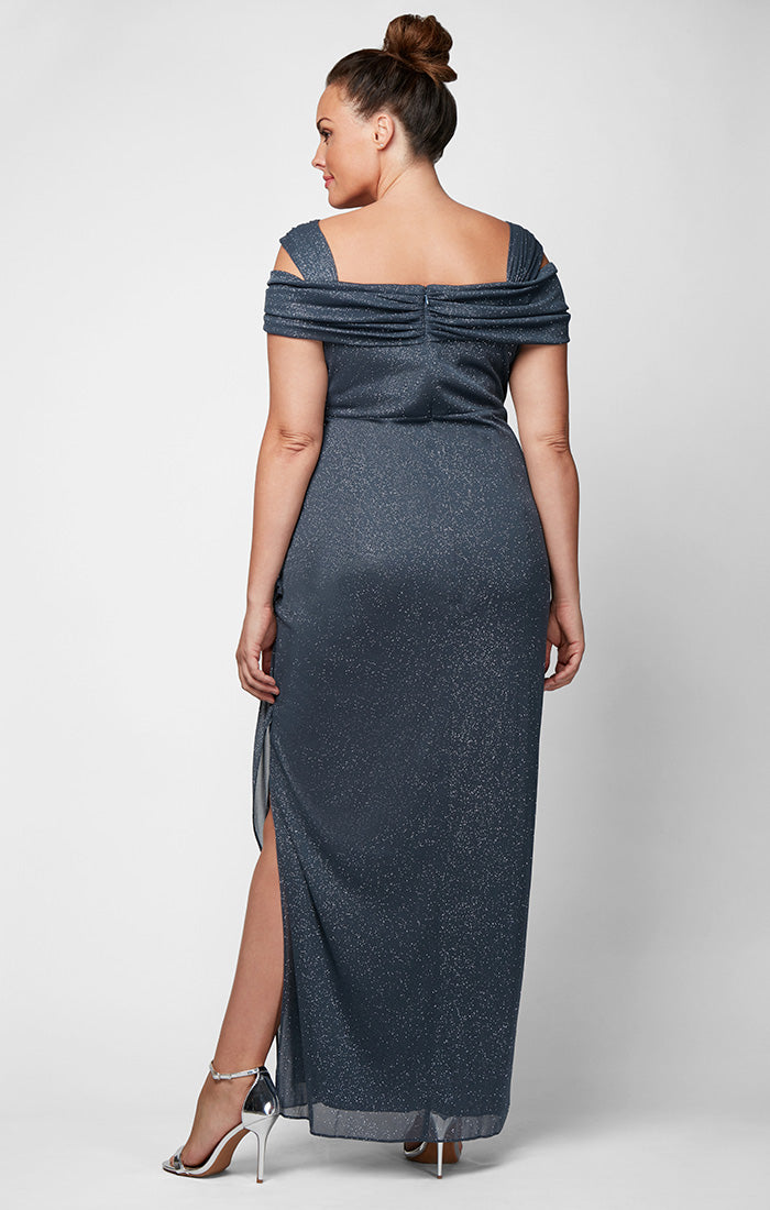 Plus Cold Shoulder Glitter Mesh Dress with Draped Skirt & Cowl Neckline