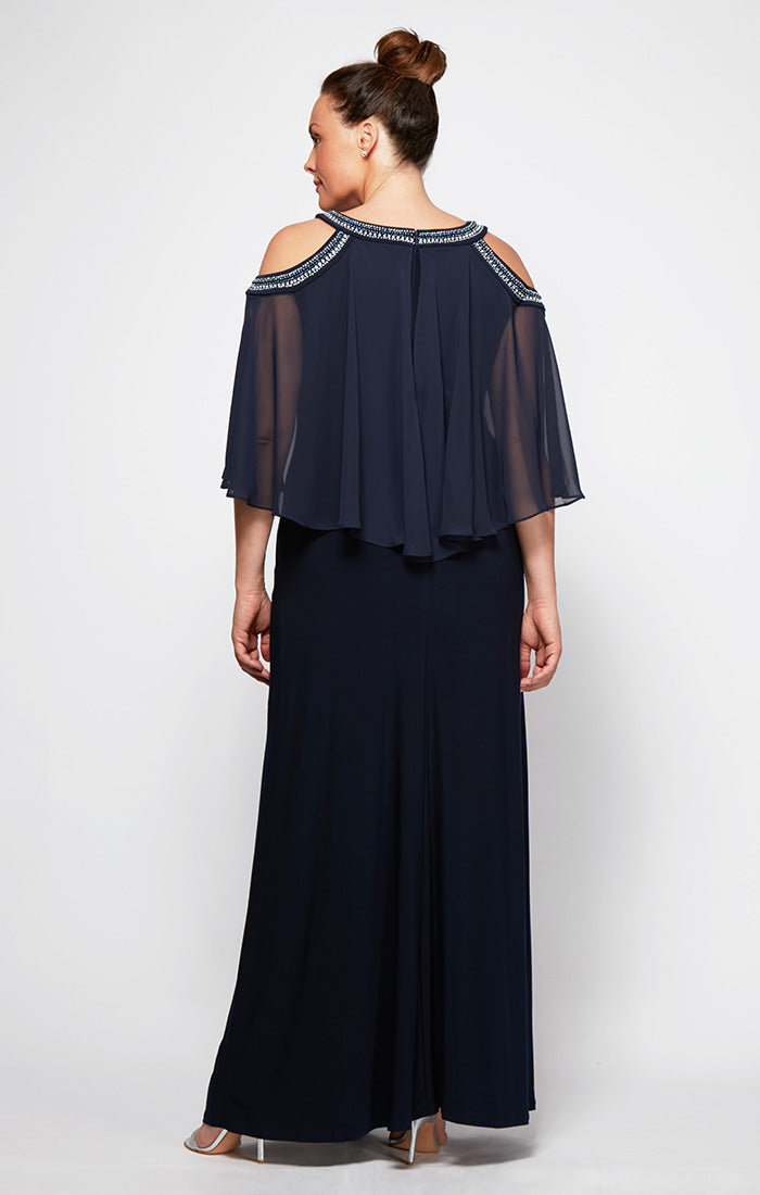 Plus Cold Shoulder Popover Jersey & Chiffon Gown with Beaded Neckline