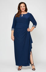 Plus Matte Jersey Dress with Keyhole Cutout Neckline and Embellished Sleeves/Neckline