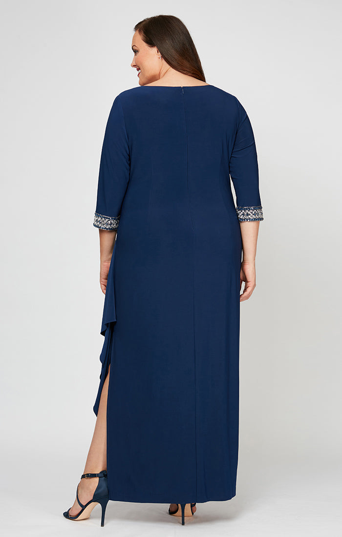 Plus Matte Jersey Dress with Keyhole Cutout Neckline and Embellished Sleeves/Neckline