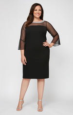 Plus Sheath Crepe Cocktail Dress with Beaded Illusion Neckline & Bell Sleeves