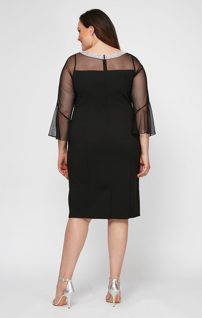 Plus Sheath Crepe Cocktail Dress with Beaded Illusion Neckline & Bell Sleeves