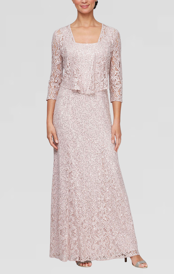 Regular - Long A-Line Jacket Dress With Illusion Cascade Jacket and Sequin Detail