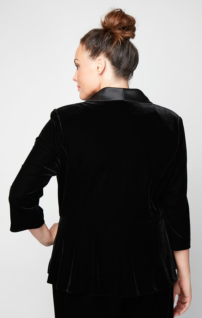 Plus Side Closure Velvet Blouse with Peplum Waist and Satin Collar