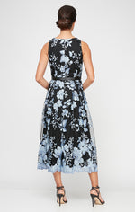 Midi Length Sleeveless Embroidered Dress With Full Skirt and Tie Belt