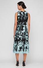 Midi Length Sleeveless Embroidered Dress With Full Skirt and Tie Belt