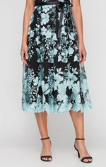 Midi Length Sleeveless Embroidered Dress With Full Skirt and Tie Belt