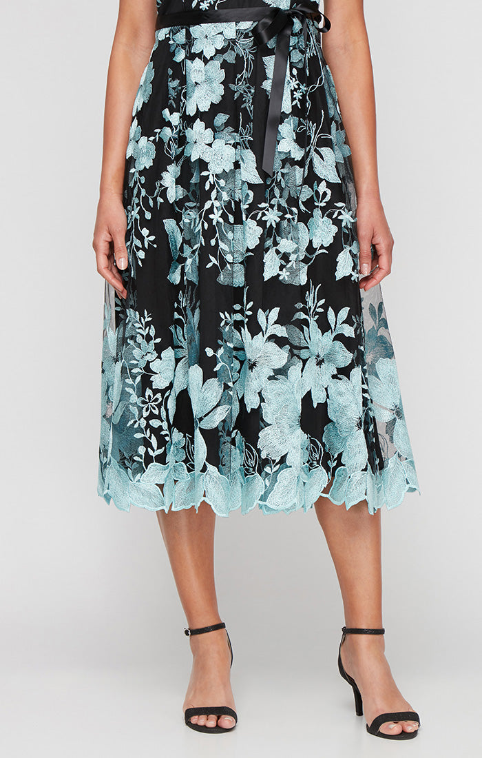 Midi Length Sleeveless Embroidered Dress With Full Skirt and Tie Belt