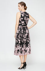 Sleeveless Embroidered Party Dress with Full Skirt & Satin Tie Belt