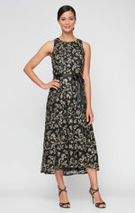 Midi Embroidered Sleeveless Dress with High/Low Hem & Tie Belt