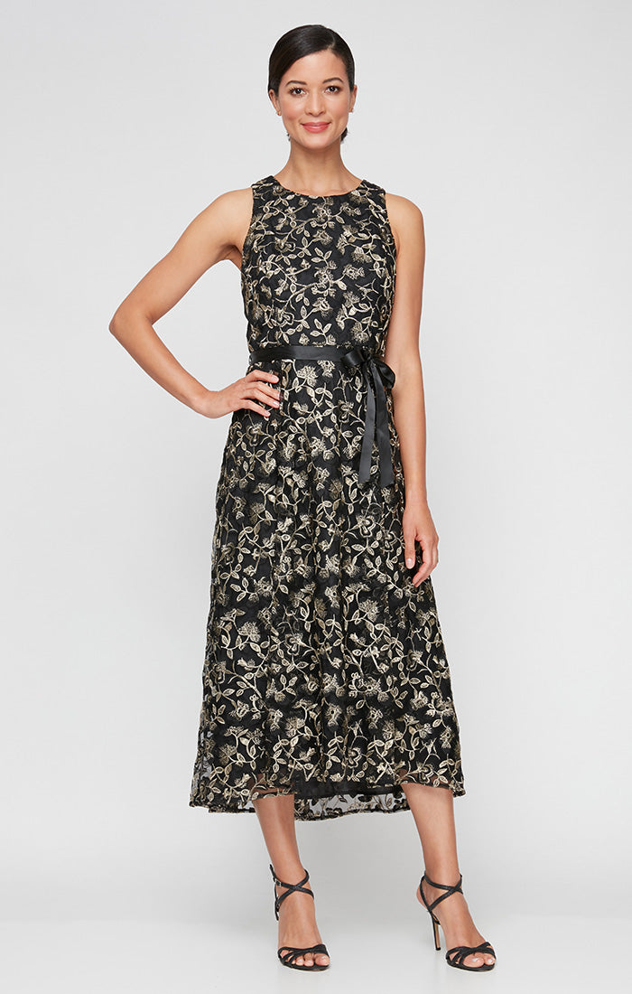 Midi Embroidered Sleeveless Dress with High/Low Hem & Tie Belt