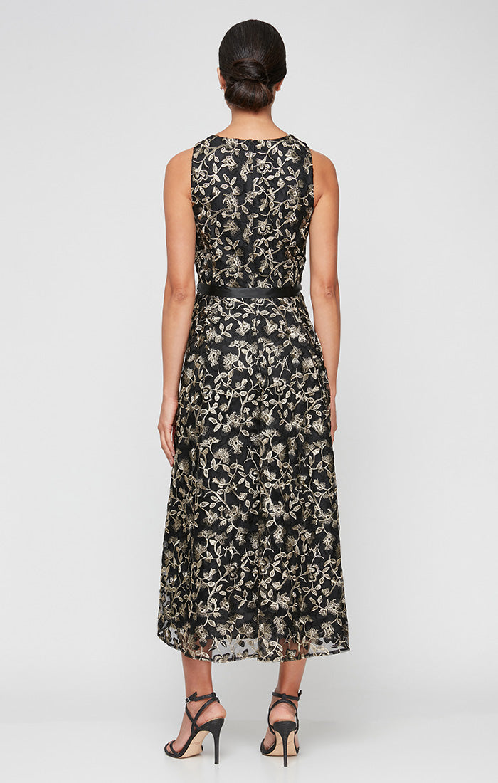 Midi Embroidered Sleeveless Dress with High/Low Hem & Tie Belt