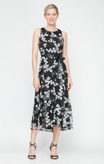 Sleeveless Embroidered Stretch Tulle Dress with High/Low Hem & Tie Belt